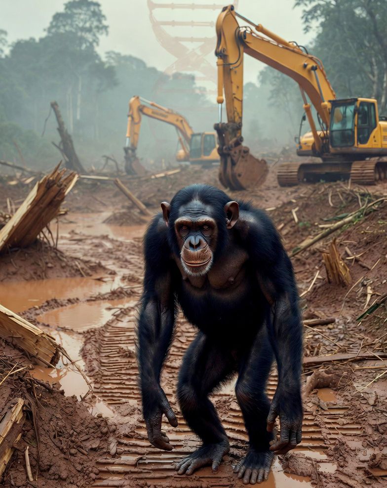A lone chimpanzee stands in the ruins of its forest home, where illegal mining has stripped the land bare: This image was created using AI and does not depict an actual scene.